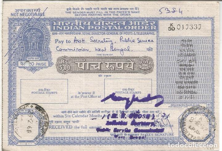 Sellos: INDIA INDIAN POSTAL ORDER 5 RS - Foto 1