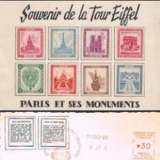 Sellos: FRANCIA, 8 VIÑETAS MONUMENTOS DE PARIS EN TARJETA POSTAL CON FRANQUEO MECANICO TORRE EIFFEL DE 1953. Lote 166271370