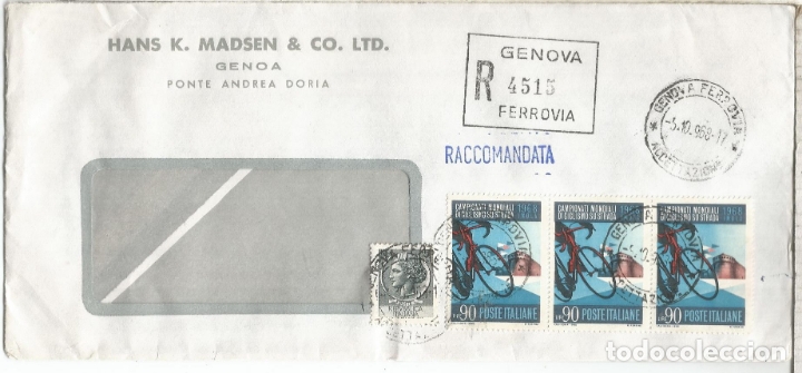 Sellos: ITALIA GENOVA 1968 CC CERTIFICADA CAMPEONATO DEL MUNDO DE CICLISMO CYCLING