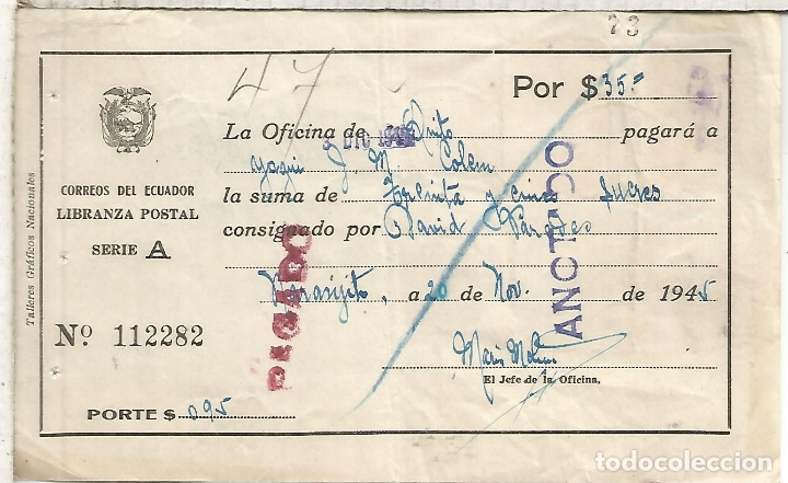Sellos: ECUADOR LIBRANZA POSTAL 1945 QUITO - Foto 2