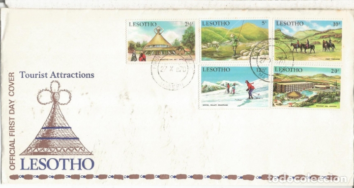 Sellos: LESOTHO FDC TURISMO TOURIST ESQUI SKI HIPICA EQUESTRIAN PESCA FISHING