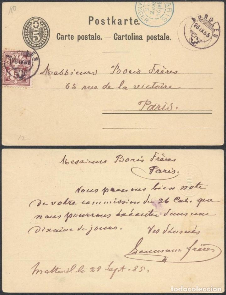 Sellos: Switzerland 1885 Postal History Rare Uprated postcard postal stationery Borglen Paris  D.1009