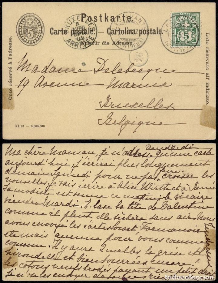 Briefmarken: Switzerland 1902 Postal History Rare Uprated postcard postal stationery Les Avants to Brussels Belgi