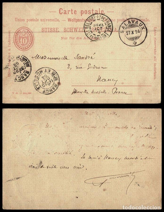 Sellos: Switzerland 1894 Postal History Rare Postcard Postal Stationery Salavaux to Nancy via Belfort   D.22