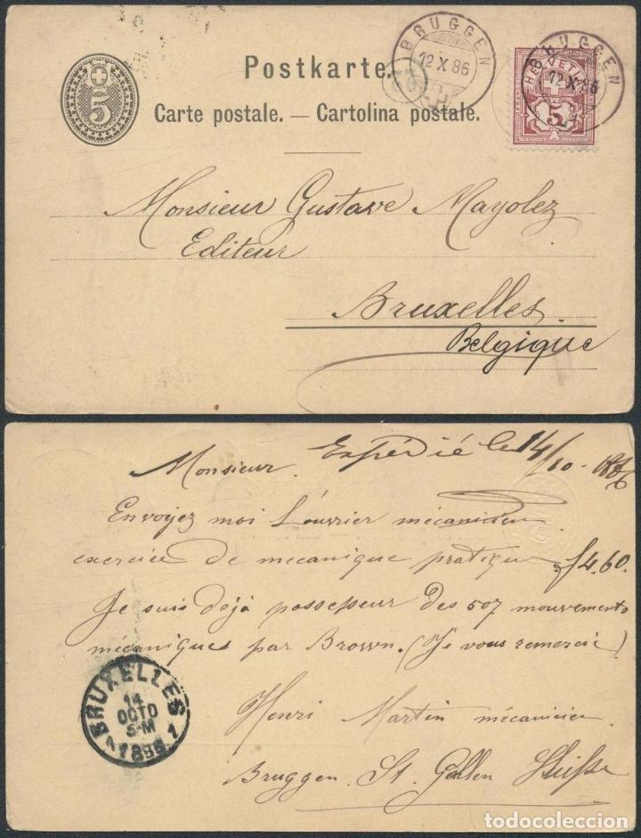 Briefmarken: Switzerland 1886 Postal History Rare Uprated postcard postal stationery Brussels Belgium  D.1065