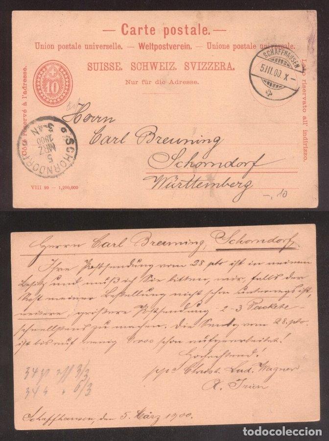 Briefmarken: Switzerland 1900 Postal History Rare Old postcard postal stationery Schaffhausen to Schorndorf Wurtt