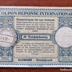 Sellos: COUPON-REPONSE INTERNATIONAL. ALEMANIA. 30 REICHSPFENNIG. BERLIN, 7 JUNIO DEL 1937. Lote 199713423