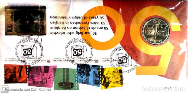 Timbres: B&eacute;lgica. SPD con moneda 3202/06 Aniversario Televisi&oacute;n + Moneda conmemorativa. 2003. Matasello Prim