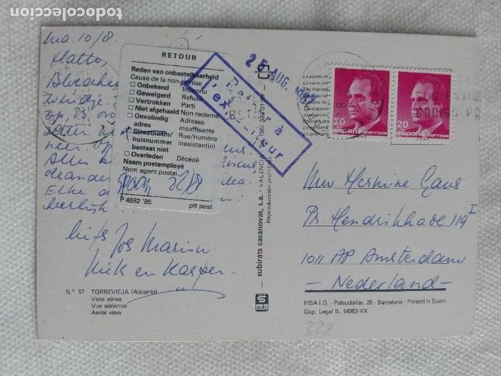 Selos: POSTAL2328 - SUBIRATS 57 - TORREVIEJA ALICANTE - FILATELIA AMSTERDAM NEDERLAND RETOUR 1987