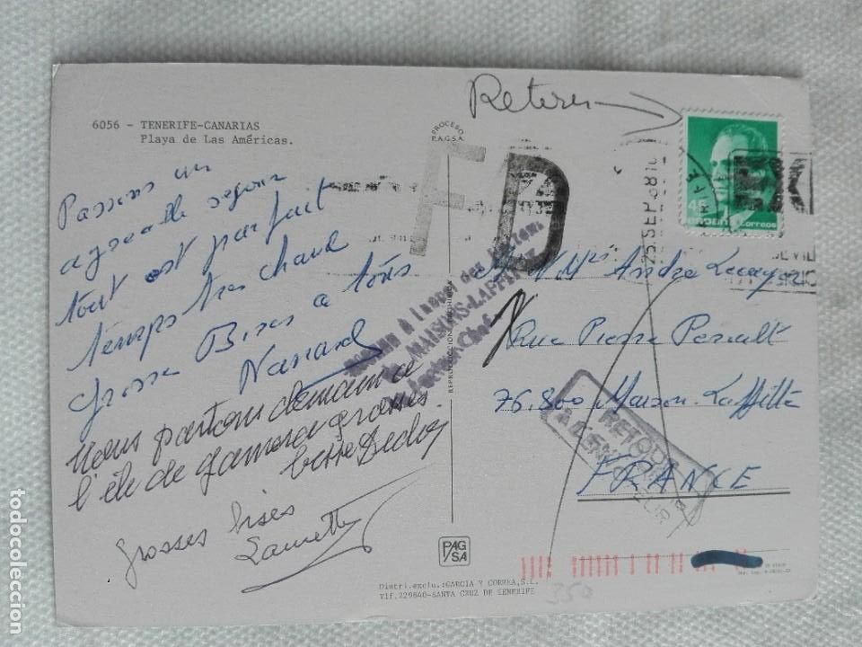 Stamps: POSTAL2350 PAGSA 6056 - TENERIFE PLAYA AMERICAS - FILATELIA 1988 MAISONS-LAFFITTE FRANCE FD RETOUR