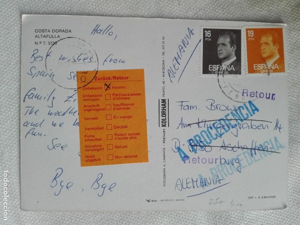Stamps: POSTAL2400 KOLORHAM 5735 ALTAFULLA TARRAGONA FILATELIA CEM PROCEDENCIA DEUTSCH ASCHAFFENBURG