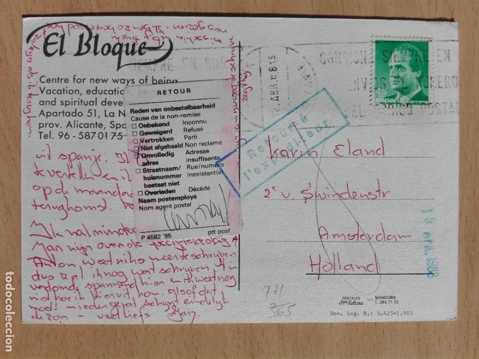 Selos: POSTAL 2771 GALIANA / EL BLOQUE LA NUCIA ALICANTE HOTEL -FILATELIA AMSTERDAM NEDERLAND RETOUR
