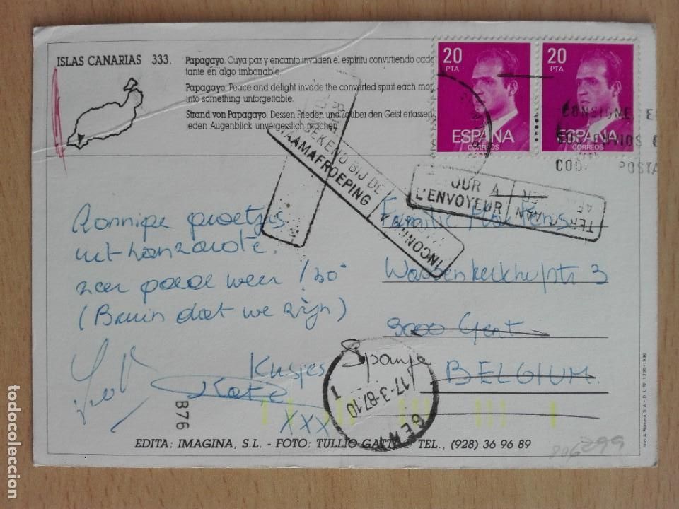 Stamps: POSTAL 2806 IMAGINA 333 PAPAGAYO CANARIAS PLAYA -FILATELIA 1988 BELGIQUE GENT RETOUR INCONNU