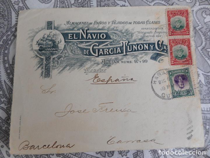 Sellos: ANTIGUO SOBRE.EL NAVIO DE GARCIA TU&Ntilde;ON Y CIA.ALMACENES PA&Ntilde;OS Y TEJIDOS.HABANA.CUBA.