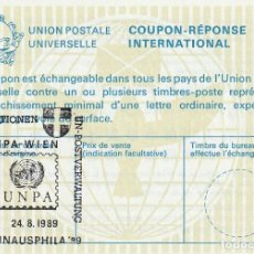Sellos: CUPÓN DE RESPUESTA INTERNACIONAL UPU 1989 / 10 ANIVERSARIO UNPA-VIENA / VÖPH UNAUSPHILA ' 89 10 JA... Lote 361723350