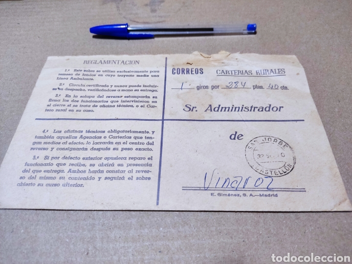 Sellos: Sobre Correos carterias rurales Sr administrador de Vinaroz,cu&ntilde;o San Jorge, Castell&oacute;n