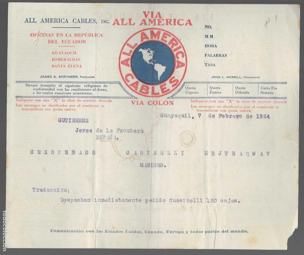 Timbres: REPUBLICA ECUADOR,- ALL AMERICA CABLES,INC. VIA ALL AMERICA.- A&Ntilde;O 1924, VER FOTOS
