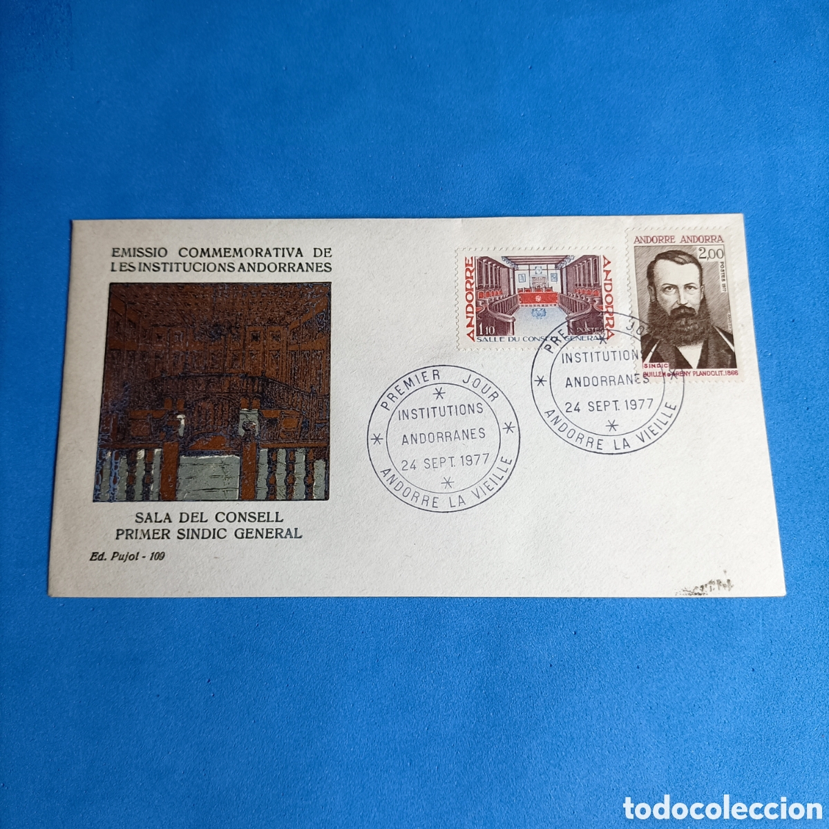 Sellos: (XTI.10) SOBRE. PD. EMISSIO COMMEMORATIVA DE LES INSTITUCIONS ANDORRANES