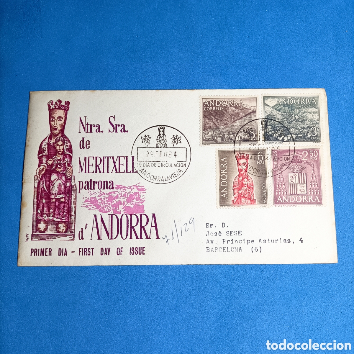 Sellos: (XTI.10) SOBRE. PD CIRCULADO. NTRA SRA DE MERITXELL D'ANDORRA