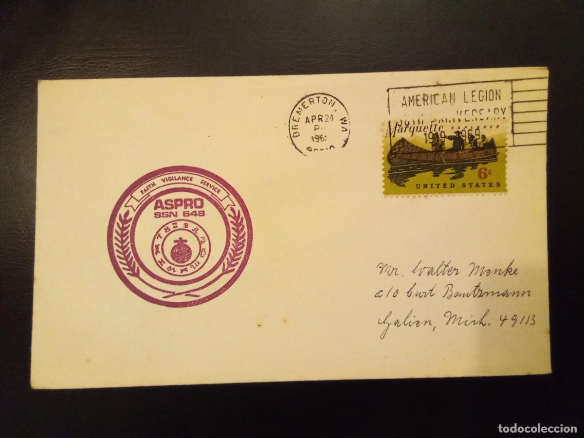 Timbres: SOBRE DEL USS ASPRO SSN 648, SUBMARINO DE LA CLASE STURGEON, MATASELLOS BREMERTON 1969