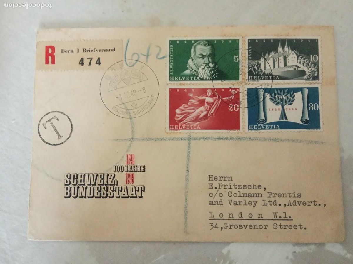 Francobolli: 1948.CARTA POSTAL SUIZA.BERNA-LONDRES.CON MARCA DE TASA.