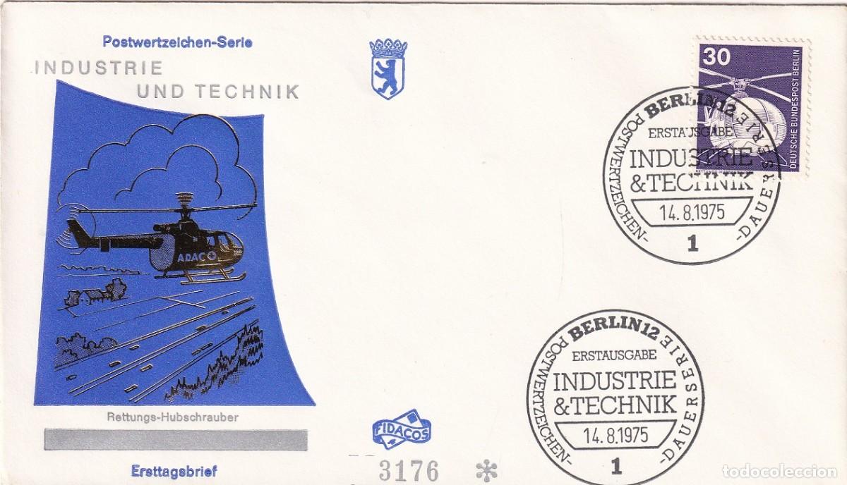 Briefmarken: Sobre Alemania, Berl&iacute;n 1975 - Industria y t&eacute;cnica &middot; Helic&oacute;ptero de rescate MBB BO 105 / Industrie...