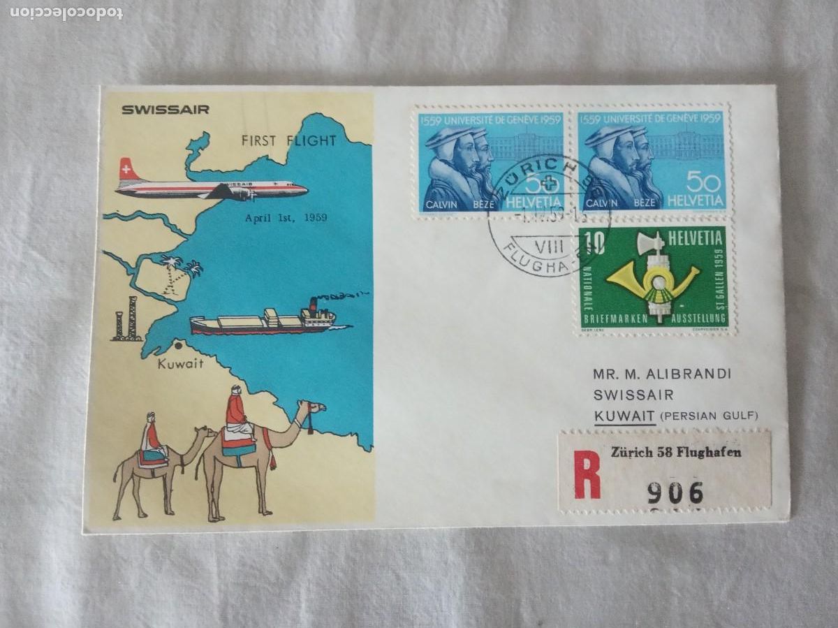 Briefmarken: SOBRE POSTALSuiza. Zurich Kuwait Primer vuelo 1959.