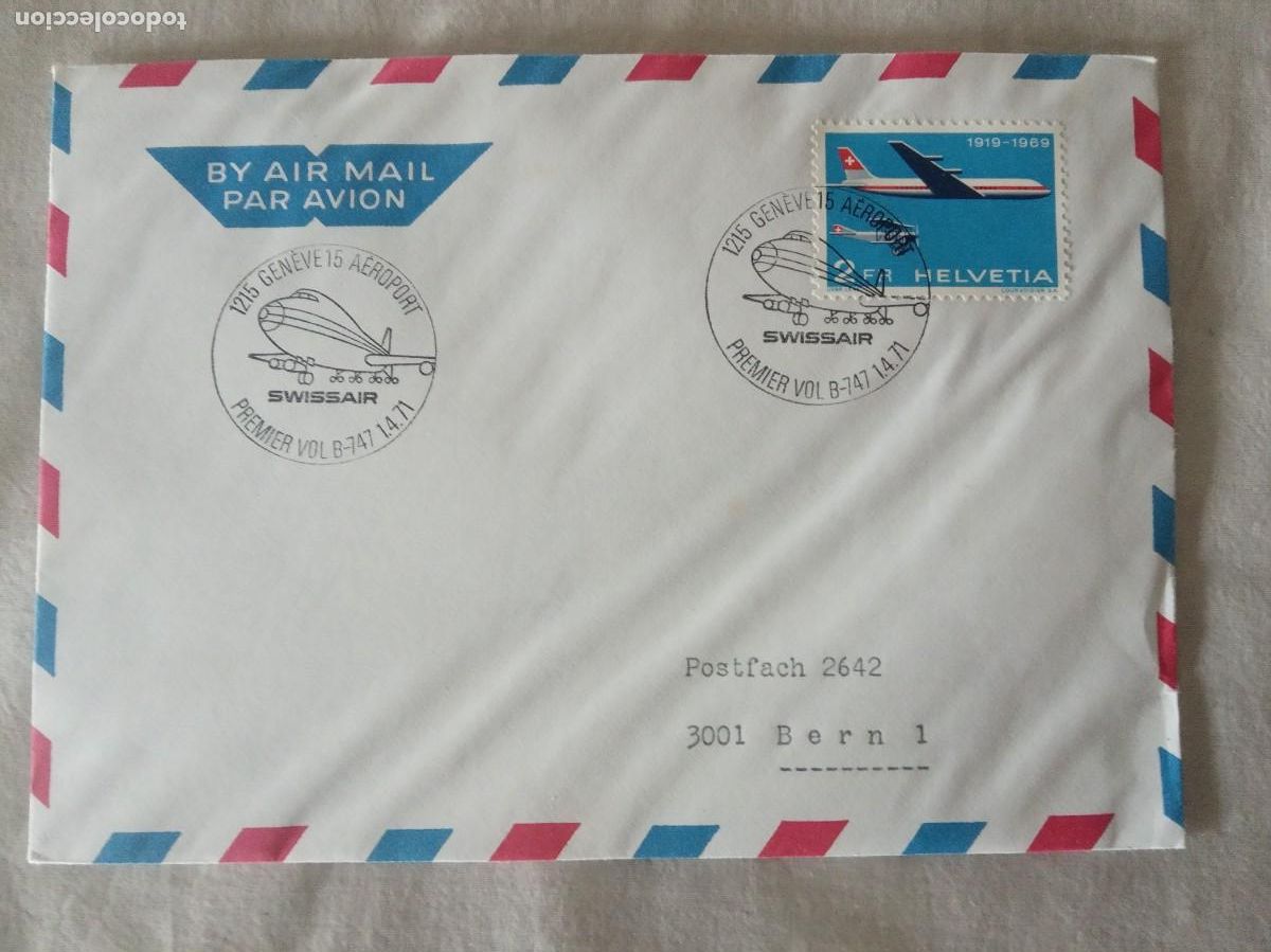 Briefmarken: Sobre del correo a&eacute;reo del primer vuelo de 1971 - Swissair - Boeing 747-B.BERN-NEW YORK.