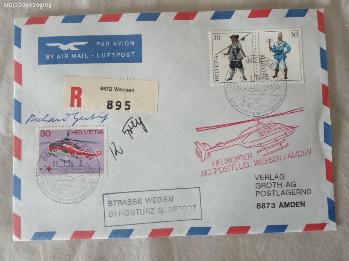 Timbres: 1974 vuelo de emergencia por derrumbe, &rdquo;Weesen - Amden&rdquo;.