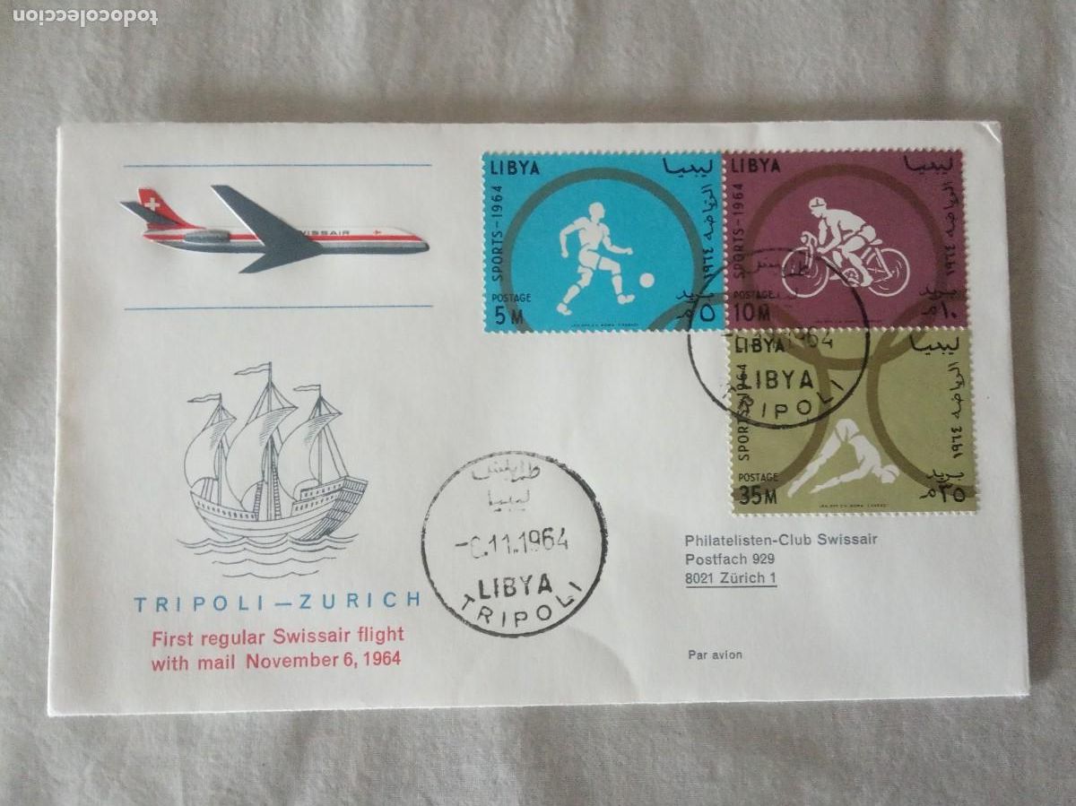 Timbres: 1964.PRIMER VUELO REGULAR SWISSAR TRIPOLI-ZURICH.
