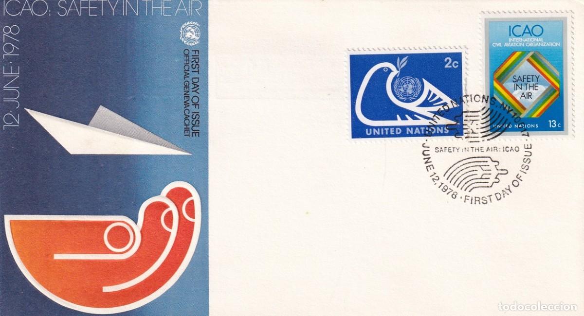 Timbres: FDC Naciones Unidas 1978 - ICAO Safety in the air / Organizaci&oacute;n A&eacute;rea Civil Internacional Seguridad