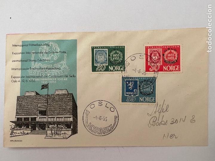 Briefmarken: SOBRE CON SELLO Y MATASELLOS. NORWEX - OSLO 1955. EXPOSICION INTERNACIONAL DEL CENTENARIO DEL SELLO.