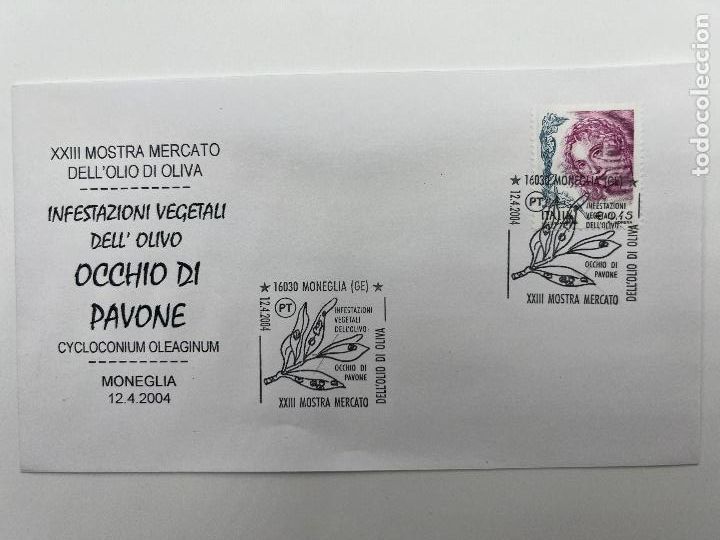 Briefmarken: SOBRE CON SELLO Y MATASELLOS. XXIII MOSTRA MERCATO DELL'OLIO DI OLIVA. OCHIO DI PAVONE. 2004