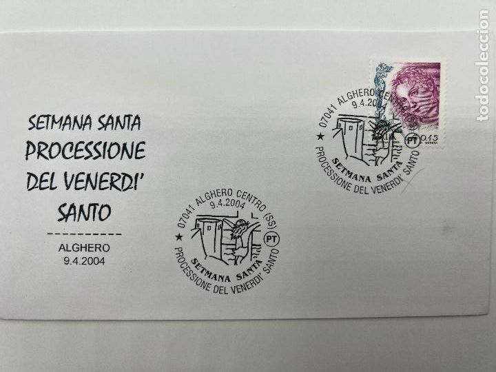 Briefmarken: SOBRE CON SELLO Y MATASELLOS. SETMANA SANTA PROCESSIONE DEL VENERDI' SANTO. ALGHERO 2004