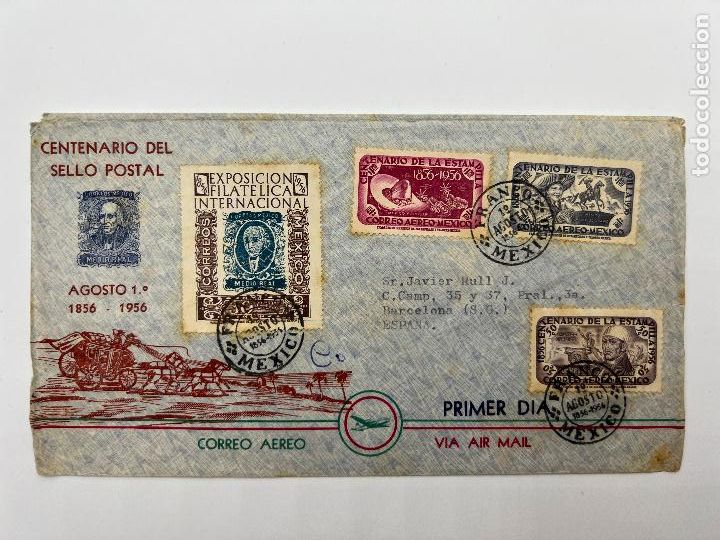 Sellos: CORREO AEREO. PRIMER DIA. CENTENARIO DEL SELLO POSTAL. EXP.FILATELICA INTERNACIONAL. 1956