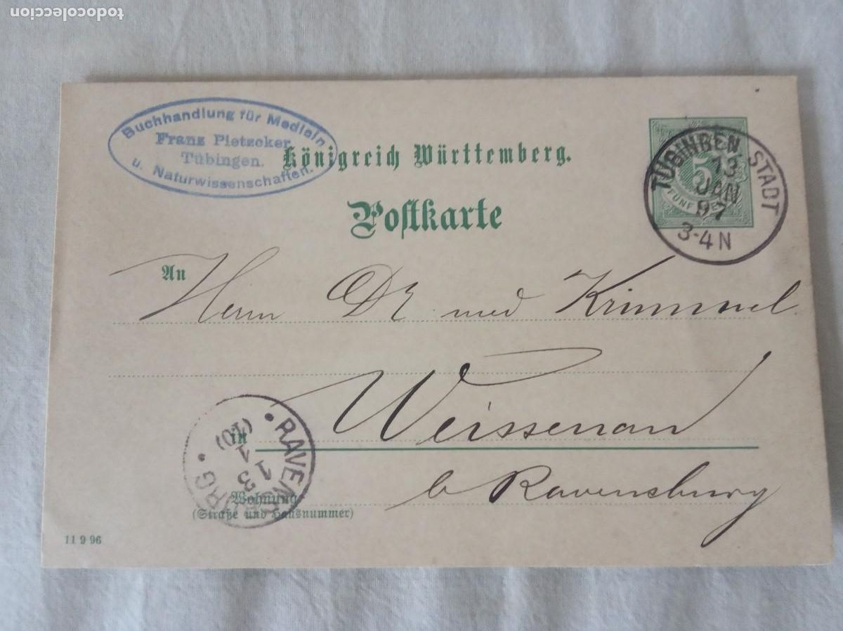 Selos: 1897.TARJETA POSTAL ALEMANIA.TUBINGEN A RAVENSBURG.