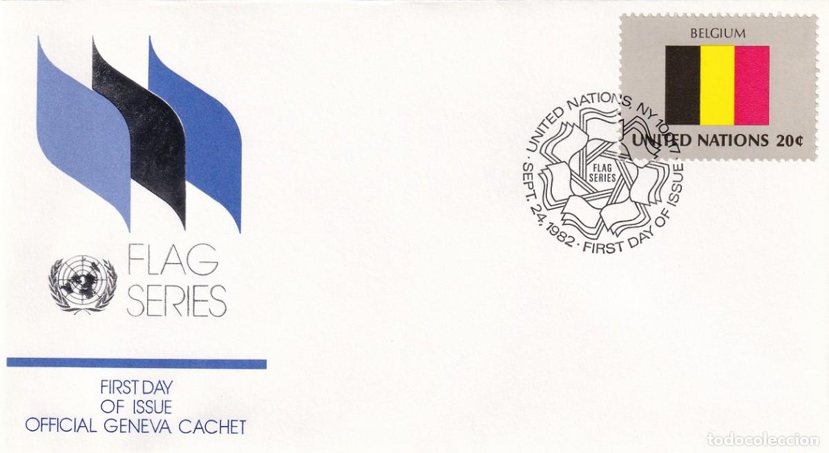 Francobolli: FDC Naciones Unidas 1982 - Banderas &middot; B&eacute;lgica / Flag Series - Official Geneva Cachet / Matasellos NY