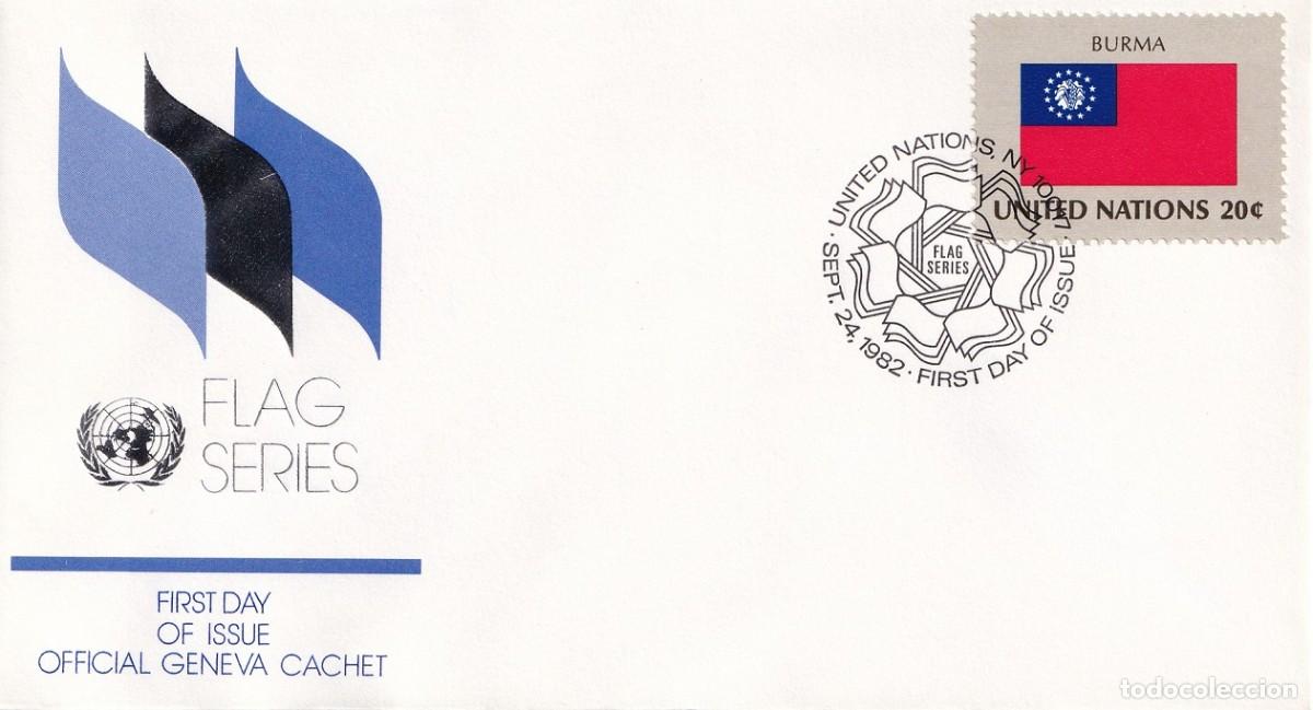 Francobolli: FDC Naciones Unidas 1982 - Banderas Birmania Burma / Flag Series - Official Geneva Cachet / Mat. NY