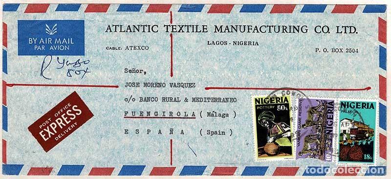 Stamps: Sobre a&eacute;reo circulado 23-04-1974. Nigeria-Espa&ntilde;a. Atlantic Textile Manufacturing Co. Ltd.