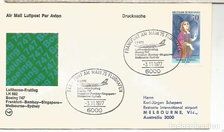 Stamps: ALEMANIA PRIMER VUELO FRANKFURT MELBOURNE AUSTRALIA 1977 LUFTHANSA