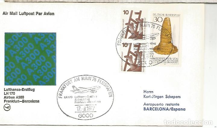 Stamps: ALEMANIA PRIMER VUELO FRANKFURT BARCELONA 1977 AIRBUS A300 LUFTHANSA