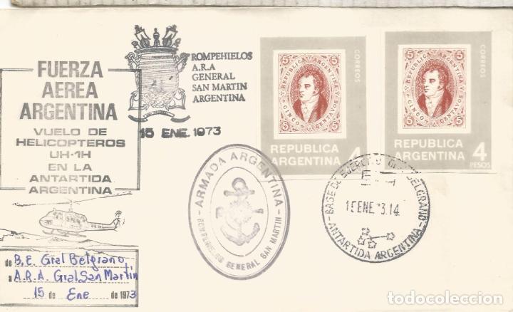 Sellos: ARGENTINA ANTARTICA ANTARCTIC CC BASE BELGRANO + ROMPEHIELOS SAN MARTIN + HELICOPTERO