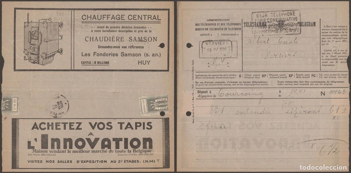 Sellos: BELGICA VERVIERS 1931 TELEGRAMA PUBLICIDAD COPIA CONFIRMATIVA POR TELEFONO