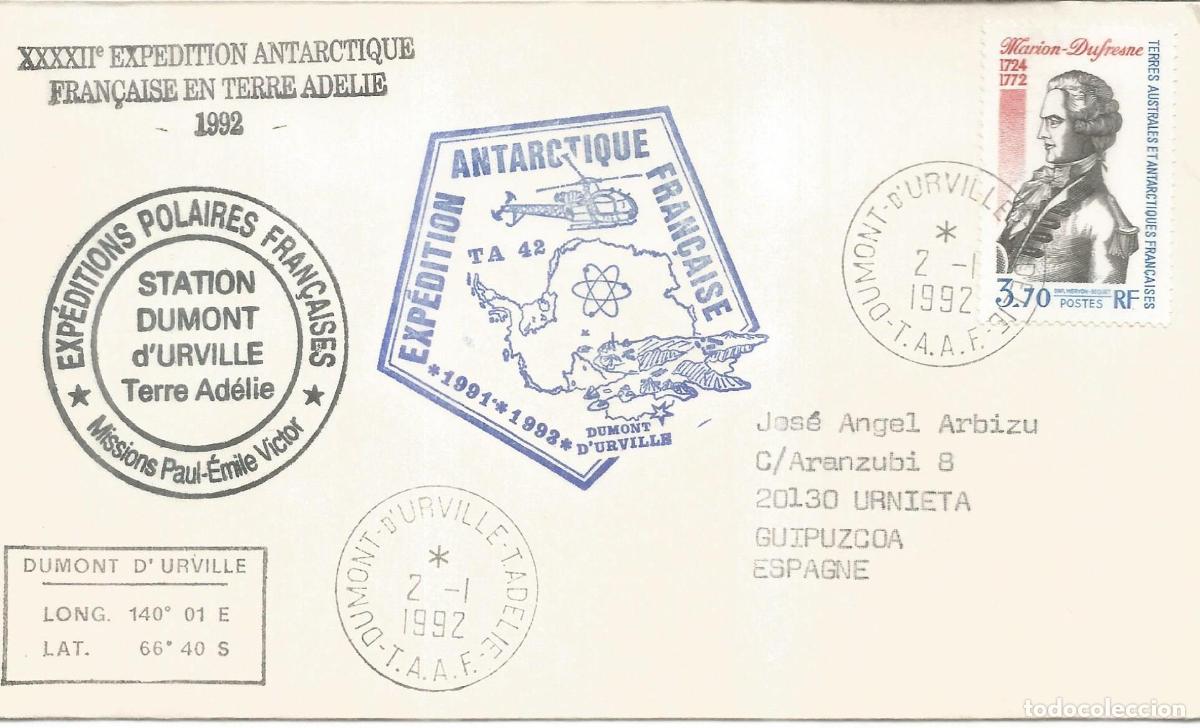 Sellos: ANTARTIDA ANTARCTIC TAAF 1992 BASE DUMONT D&acute;URVILLE HELICOPTER