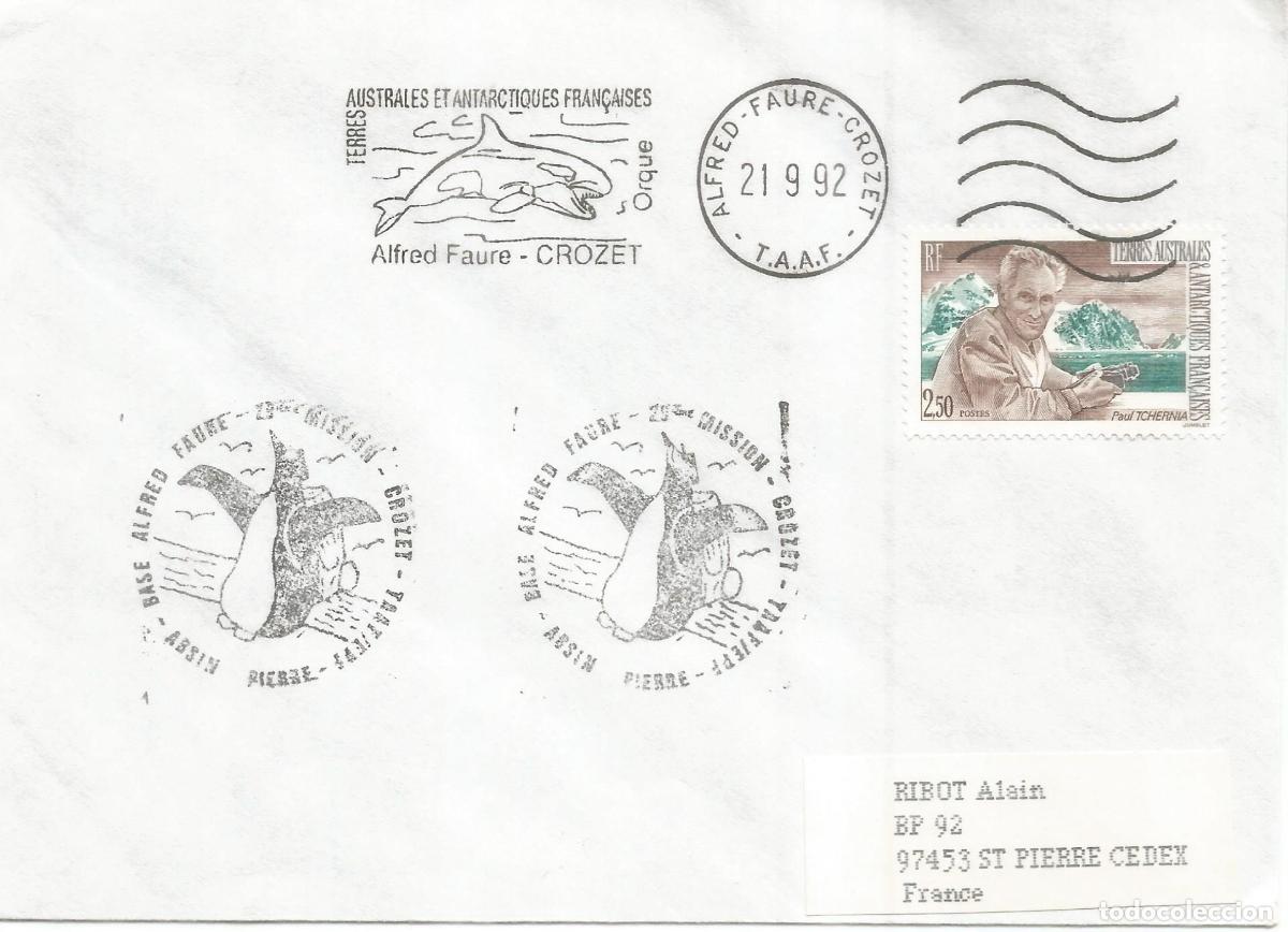 Sellos: ANTARTIDA ANTARCTIC TAAF 1992 BASE ALFRED FAURE MAT ORCA KILLER WHALE PING&Uuml;INO PENGUIN
