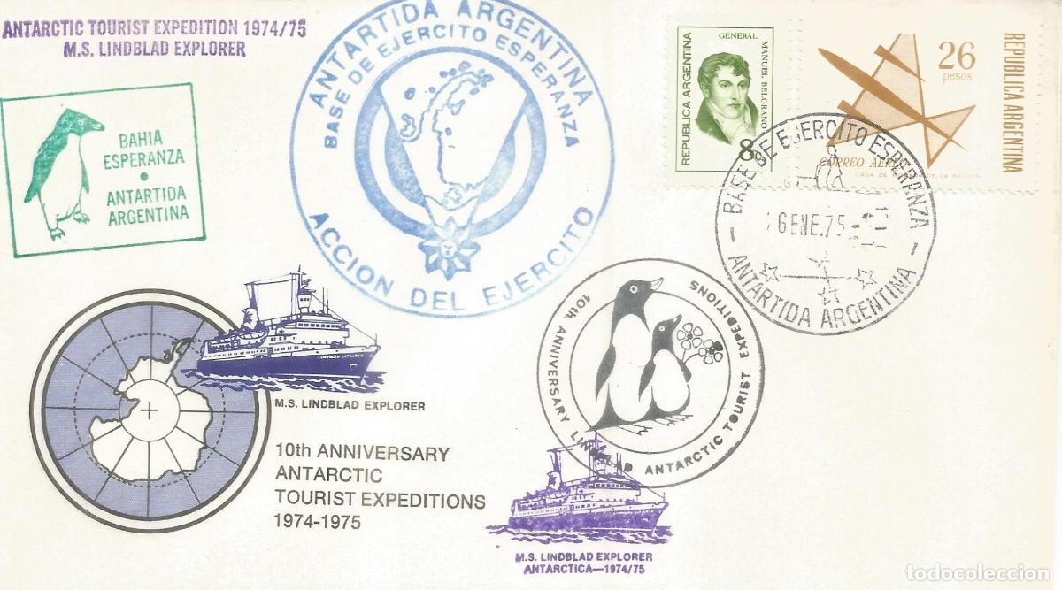 Timbres: ANTARTICA ANTARCTIC ARGENTINA BASE ESPERANZA + LINDBLAD EXPLORER