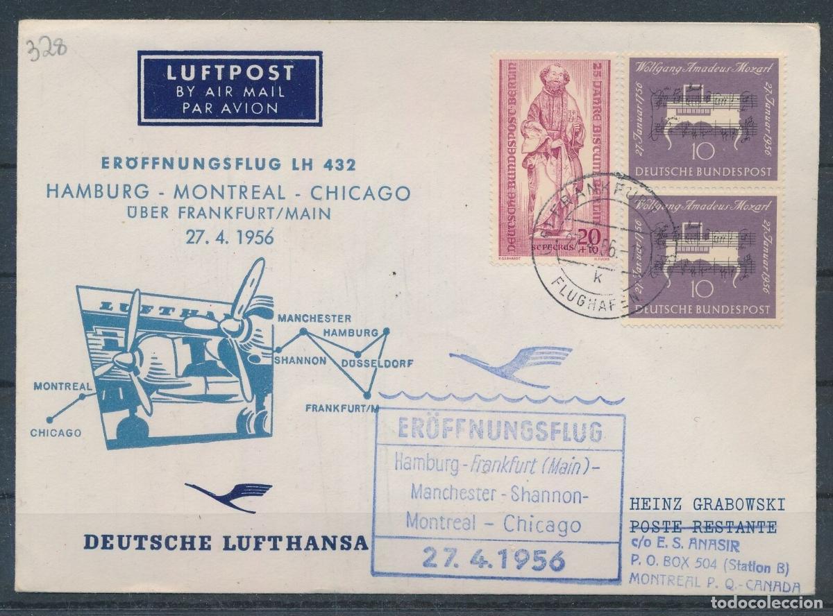 Selos: ALEMANIA PRIMER VUELO LUFTHANSA HAMBURG MONTREAL CHICAGO 1956