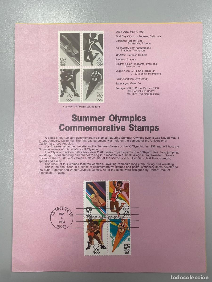 Selos: 13 Documentos Filat&eacute;lico USA Americano con matasellos primer d&iacute;a olimpiadas, ferrocarril