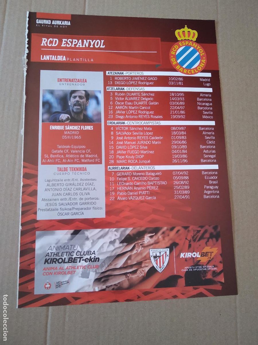 Francobolli: HOJA REVISTA ATHLETIC CLUB BILBAO RIVAL DE HOY ESPANYOL PUBLICIDAD THE TRAVEL BRAND MAURICIO ISLA