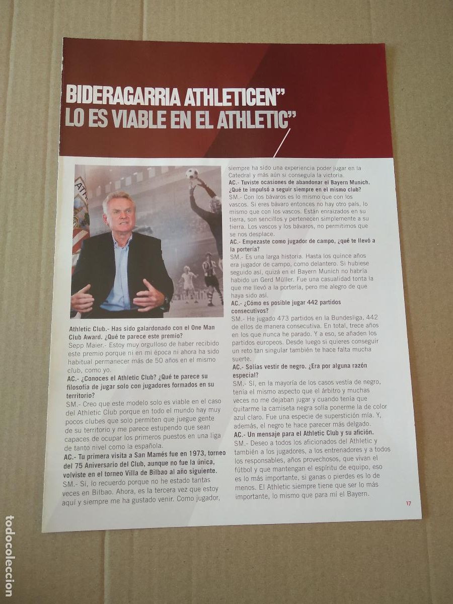 Francobolli: HOJA REVISTA ATHLETIC CLUB BILBAO ENTREVISTA SEPP MAIER PUBLICIDAD THE TRAVEL BRAND